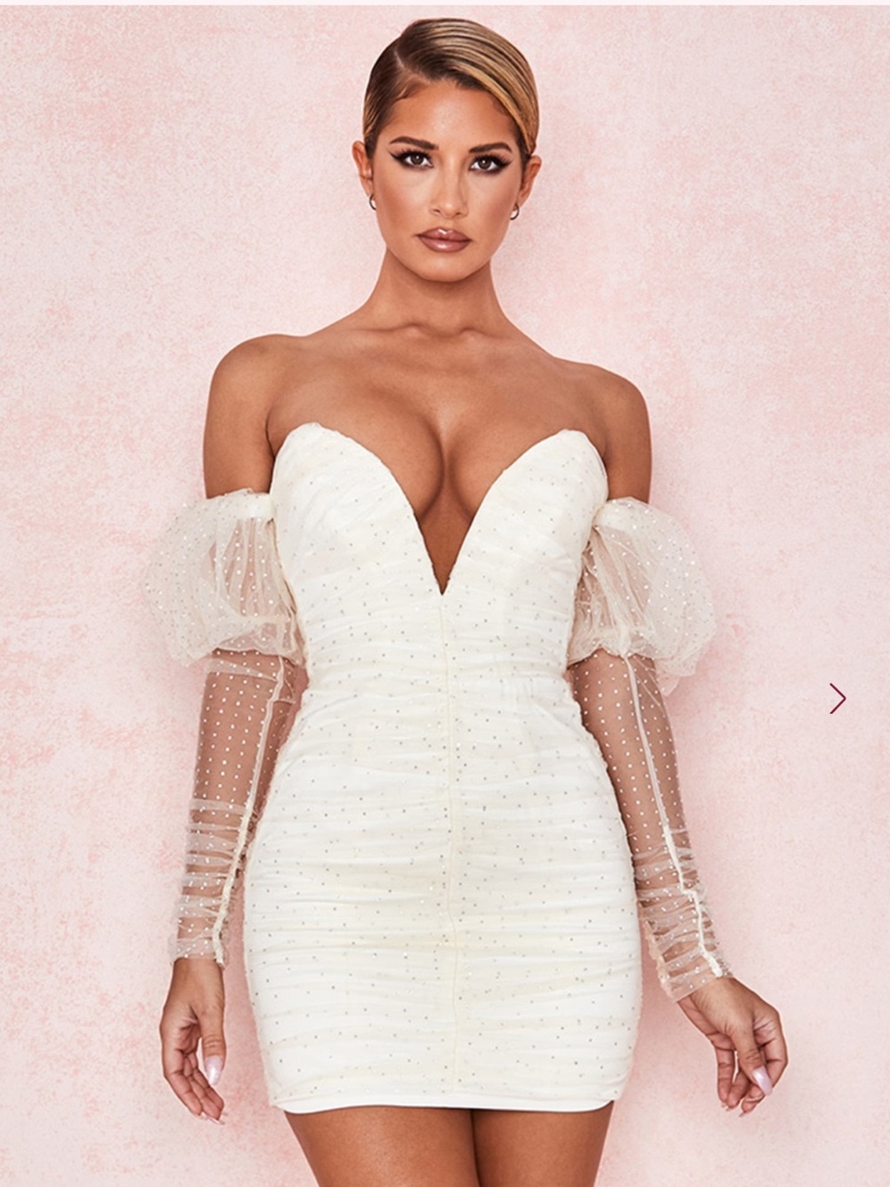 House of CB Stunning Ivory Sprakly Mesh, Ruched Corset Mini Dress Large
